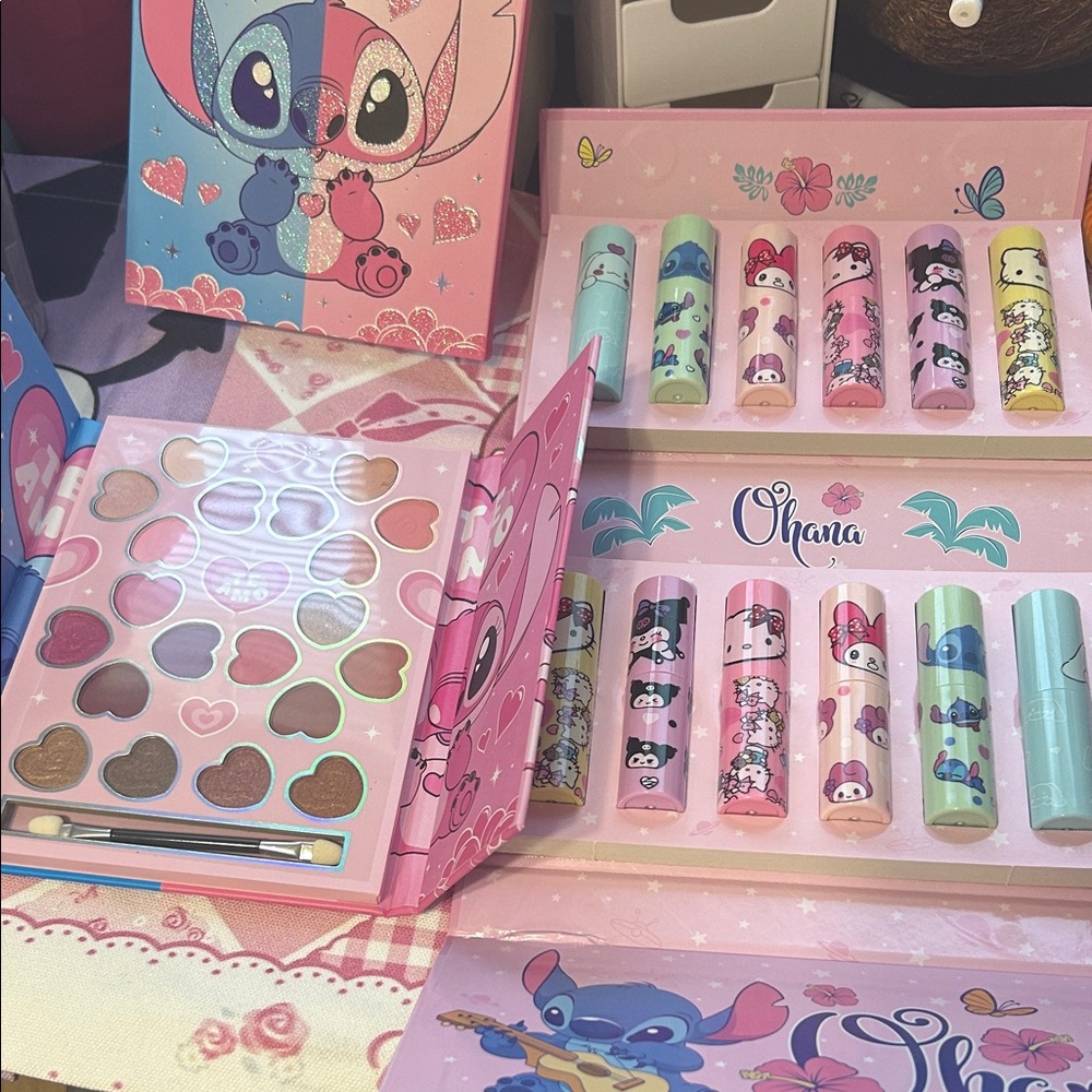 Ohana x Cute Character Lipstick & Heart Eyeshadow Palette - Pink Blue Pastel Set